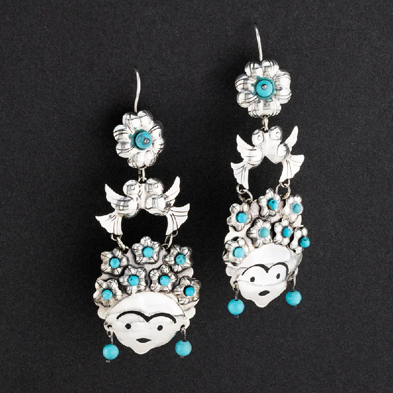 Large Frida Kahlo Style Turquoise Earrings