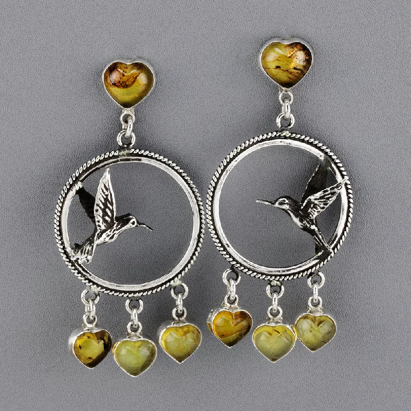 Large Silver and Amber Hummingbird Dangle Earrings