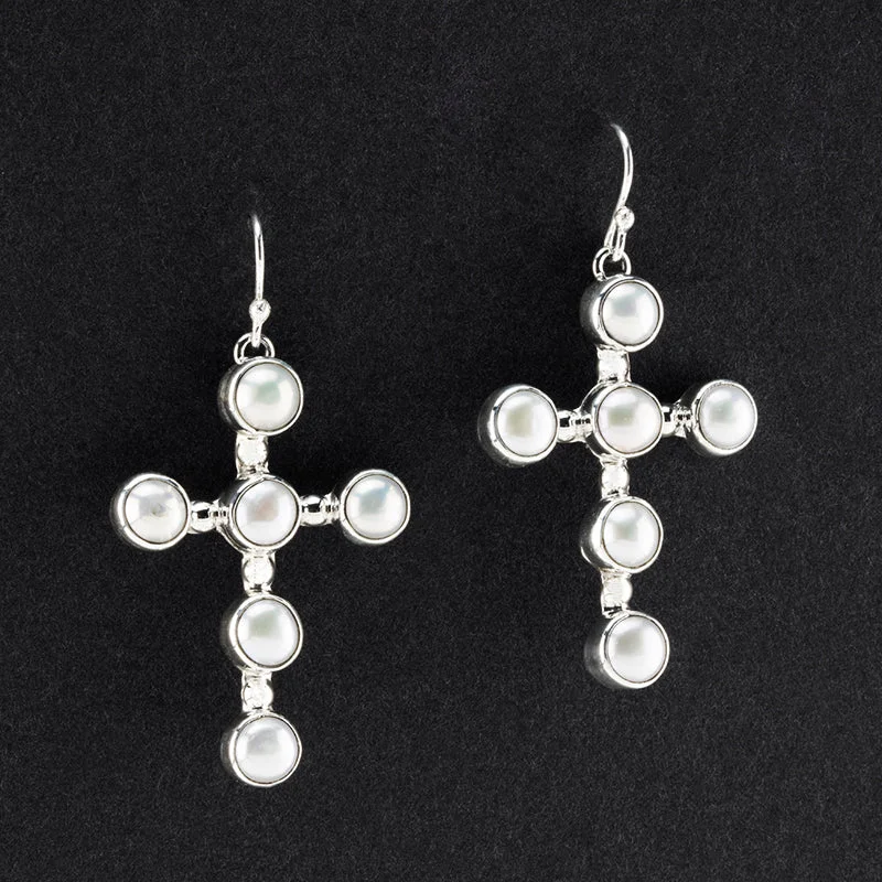 Large Sterling Silver and Pearl Cross Dangle Earrings