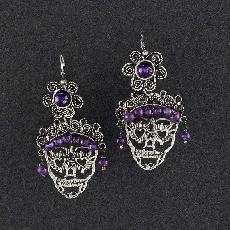 Mexican Silver and Amethyst Sugar Skull Filigree Earrings