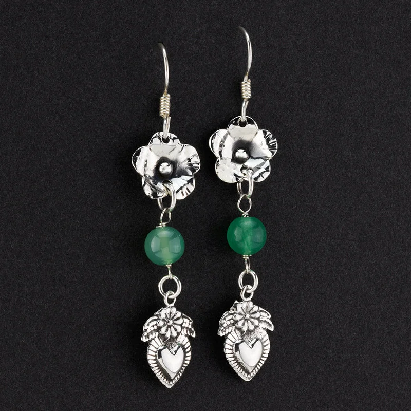 Mexican Silver and Jade Heart Dangle Earrings