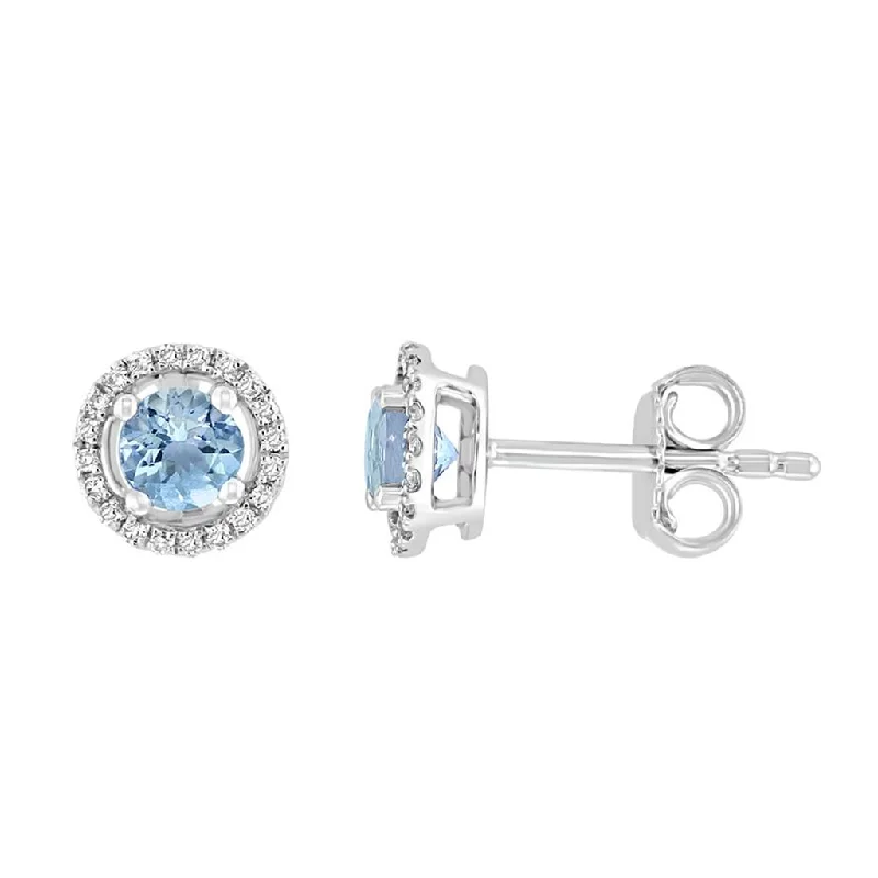 March Birthstone Earrings: 14K White Gold Diamond Halo Aquamarine Earrings