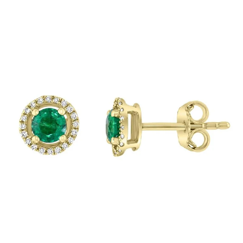 May Birthstone Earrings: 14K Yellow Gold Diamond And Emerald Halo Earrings