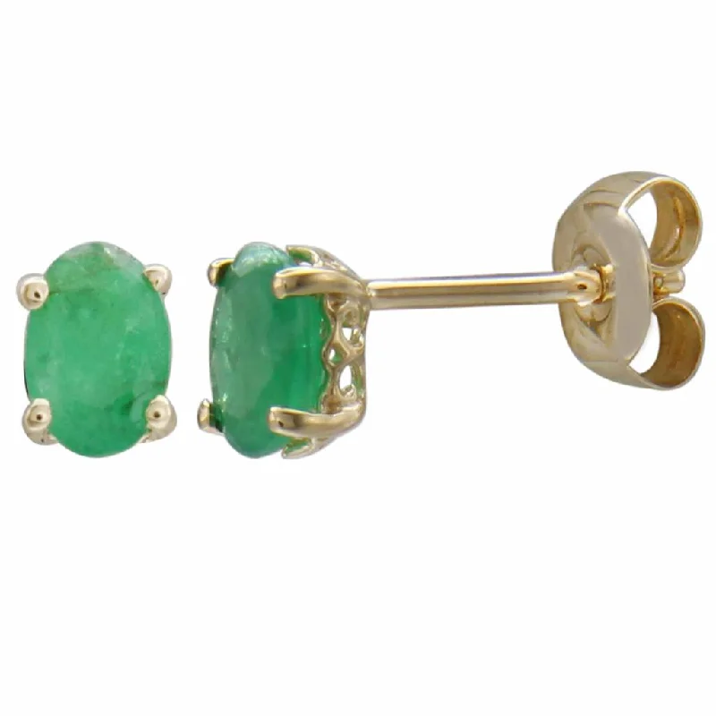 May Birthstone Earrings: 14K Yellow Gold Oval Emerald Earrings