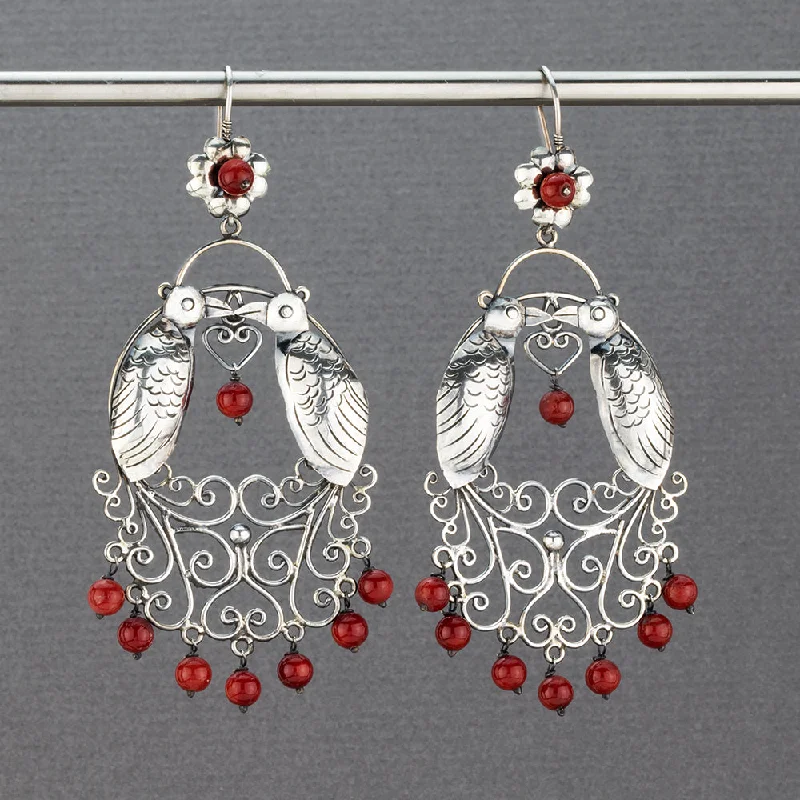 Mexican Silver and Red Coral Quetzal Bird Earrings