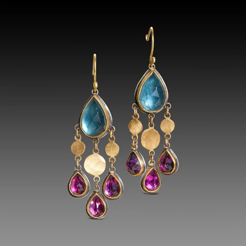 Moss Aquamarine and Rhodolite Garnet Chandelier Earrings