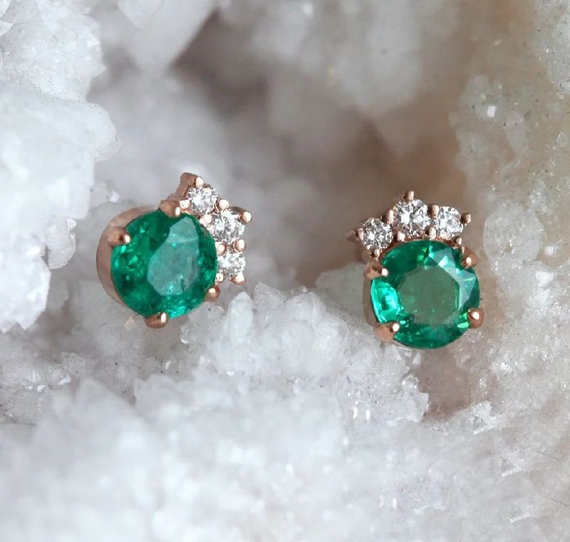 Natural Emerald And Diamond Stud Earrings