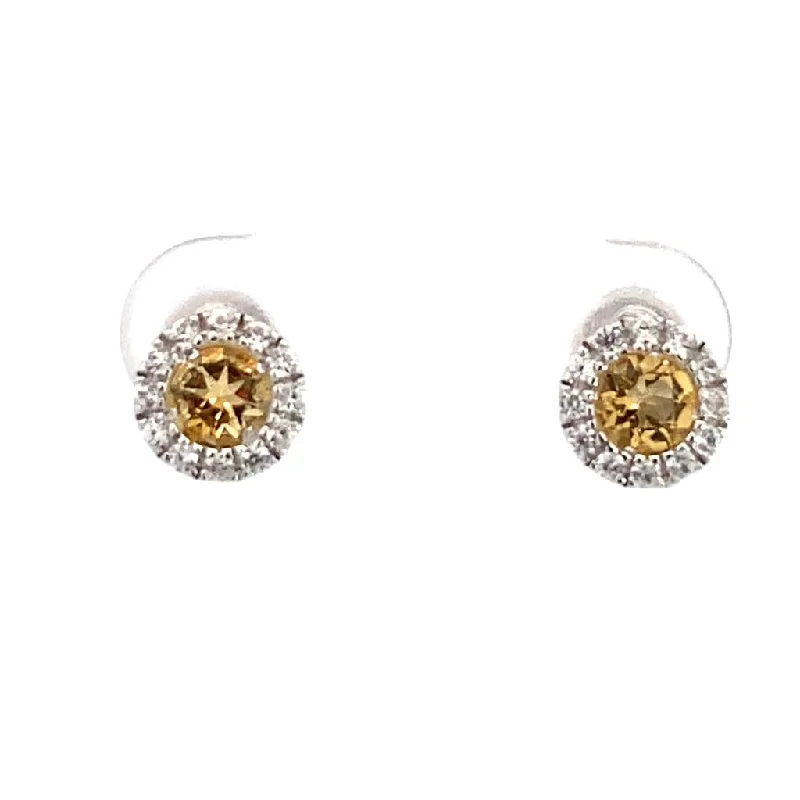 November Birthstone Earrings: Sterling Silver Round Citrines Halo Earrings