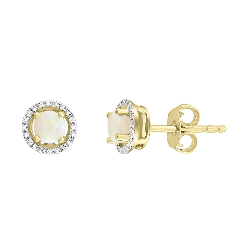 October Birthstone Earrings: 14K Yellow Gold Diamond Halo Opal Earrings