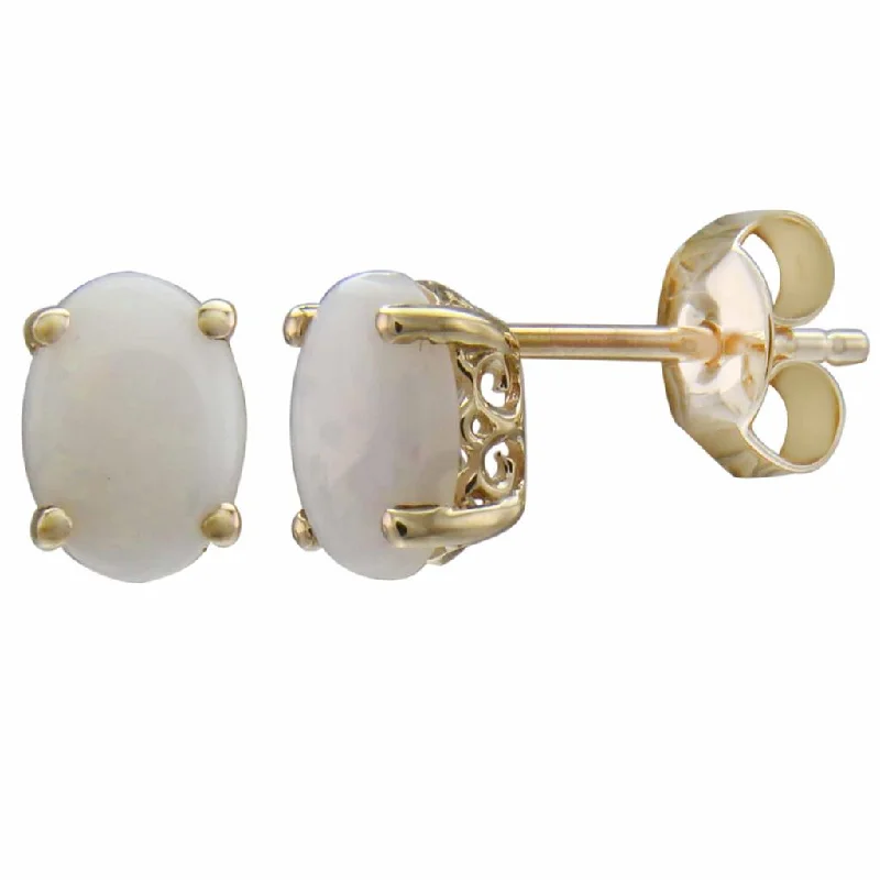 October Birthstone Earrings: 14K Yellow Gold Oval Opal Earrings