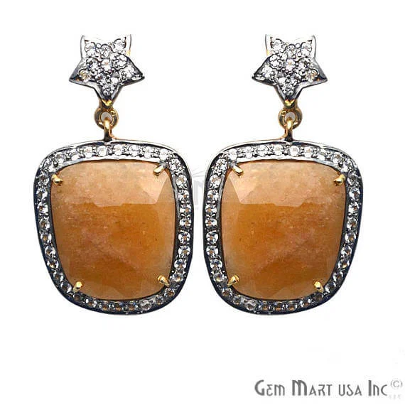 Orange Sapphire With Cubic Zirconia Pave Diamond 20x35mm,Gold Vermeil Dangle Drop Stud Earring