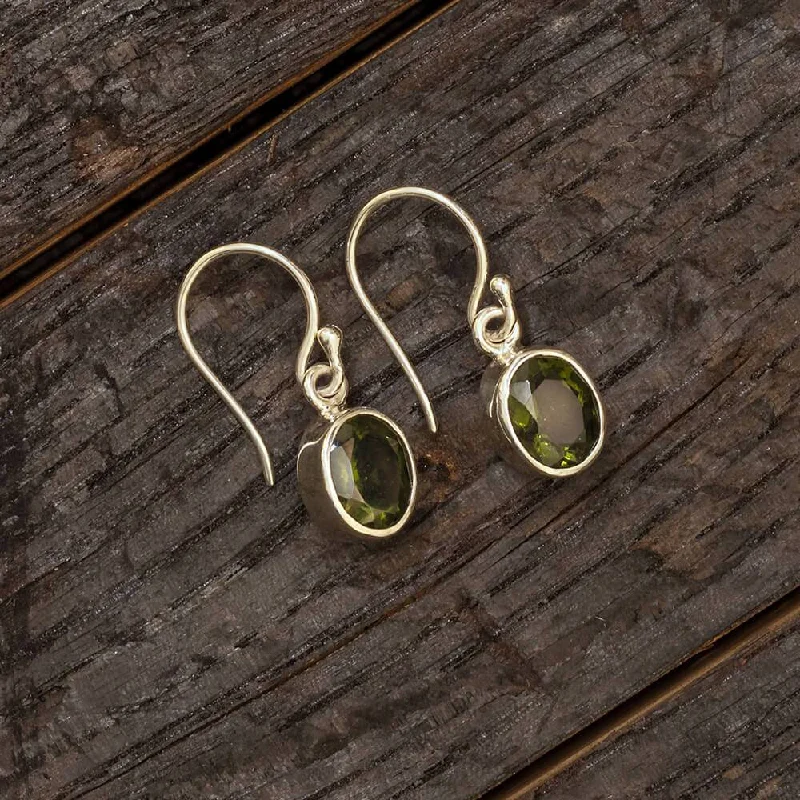 Oval Cut Moldavite Dangle Earrings, In Stock