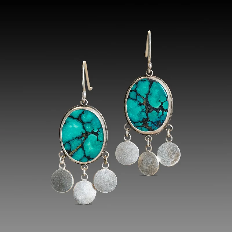 Oval Turquoise Earrings with Silver Fringe