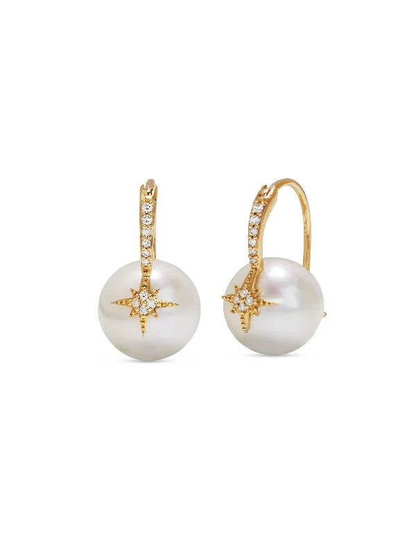 Pavé Diamond Starburst Pearl Bead Yellow Gold Earrings