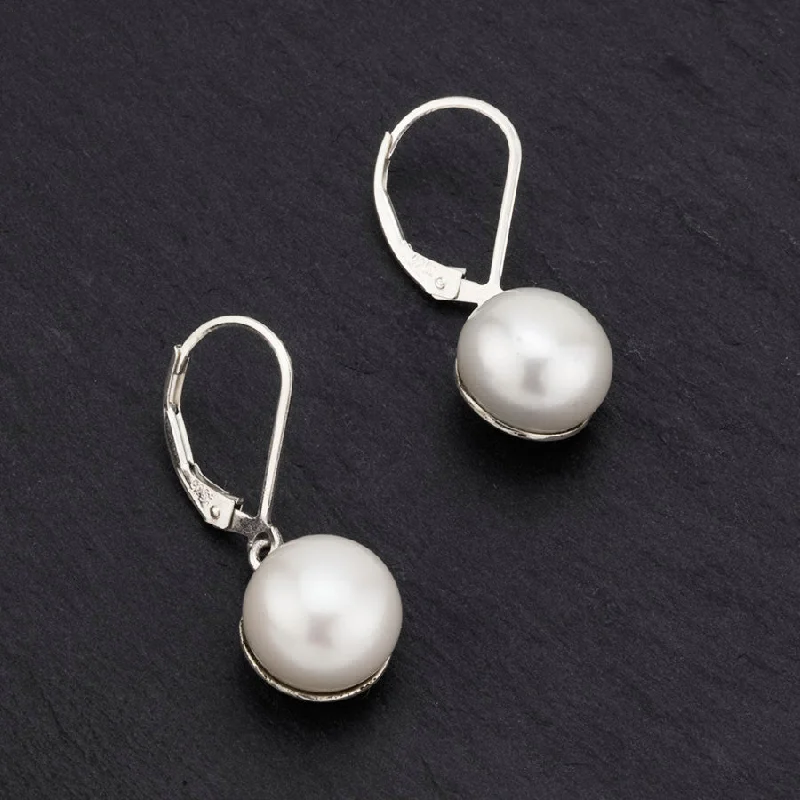 Short Sterling Silver and Pearl Leverback Drop Earrings