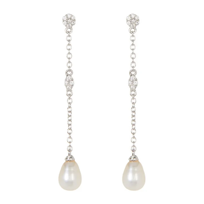 Rhodium Plated Freshwater Pearl Drop Earrings