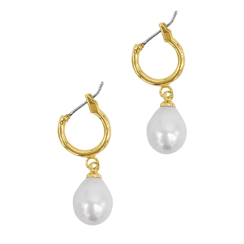 14k Gold Plated Freshwater Pearl Huggie Drop Earrings