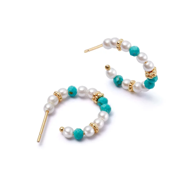 Pearl Turquoise Midi Hoop Earrings 18ct Gold Plate