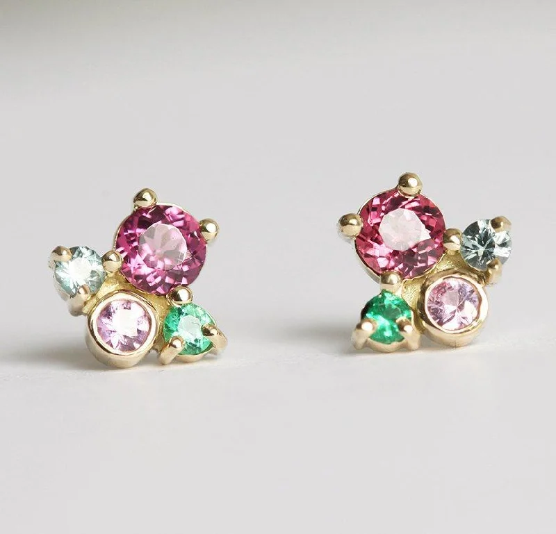 Pink Sapphire And Emerald Cluster Stud Earrings