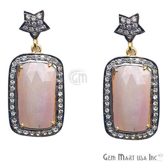 Pink Sapphire With Cubic Zirconia Pave Diamond 40x18mm,Gold Vermeil Dangle Drop Stud Earring