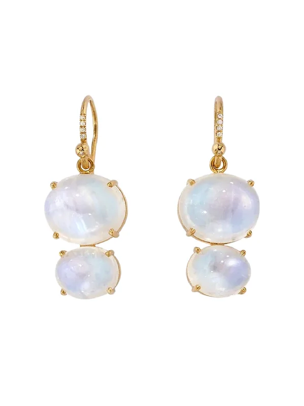 Rainbow Moonstone Double Drop Yellow Gold Earrings