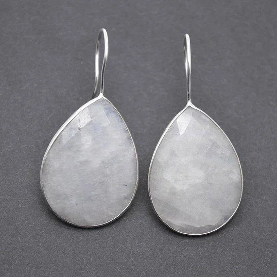 Rainbow Moonstone Silver Plated 30x22mm Pears Shape Gemstone Dangle Hook Earring (RMER-90222)