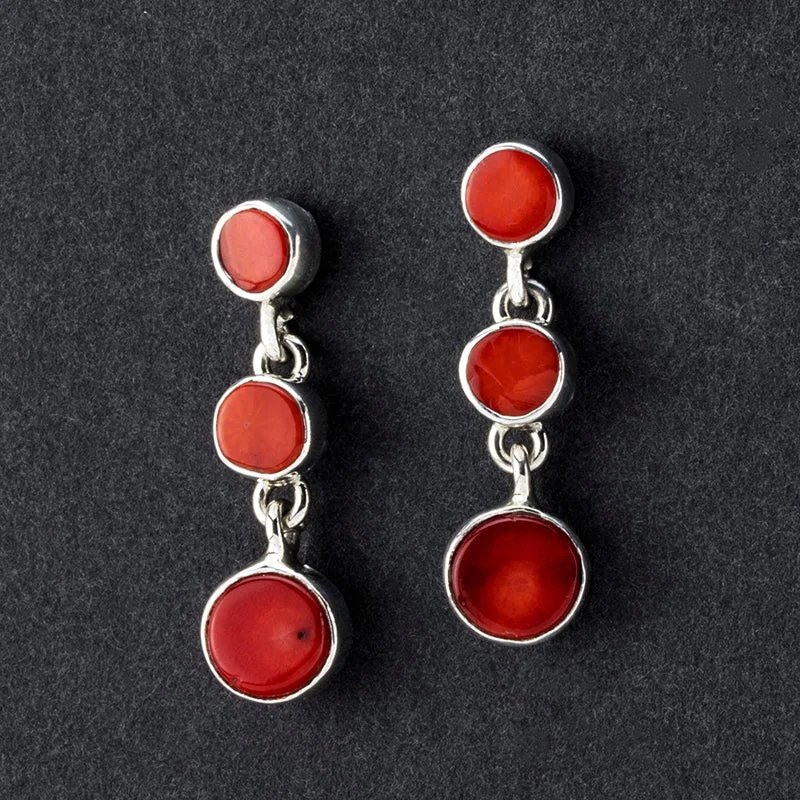 Silver and Red Coral Triple Stone Dangle Earrings