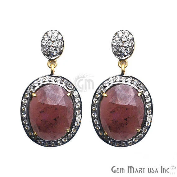 Red Sapphire With Cubic Zirconia Pave Diamond 35x19mm,Gold Vermeil Dangle Drop Stud Earring