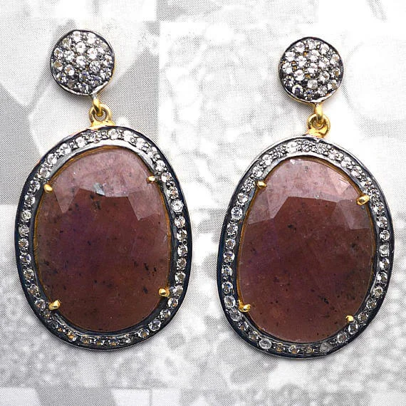 Red Sapphire With Cubic Zirconia Pave Diamond 44x24mm,Gold Vermeil Dangle Drop Stud Earring