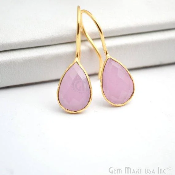 Rose Chalcedony Gold Plated 12x8mm Pears Shape Gemstone Dangle Hook Earring (RCER-90206)