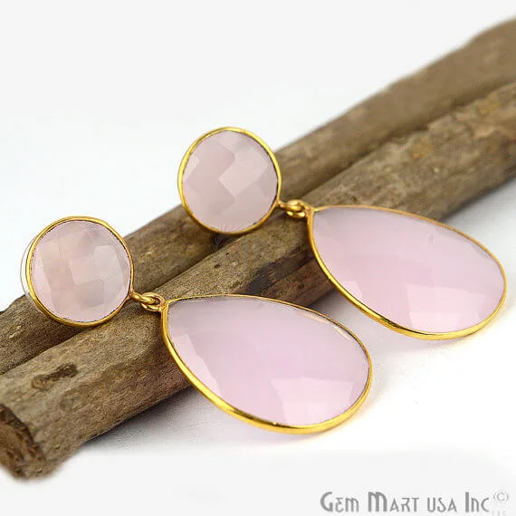 Rose Chalcedony Round & Pears Shape 42x20mm Gold Plated Dangle Stud Earrings