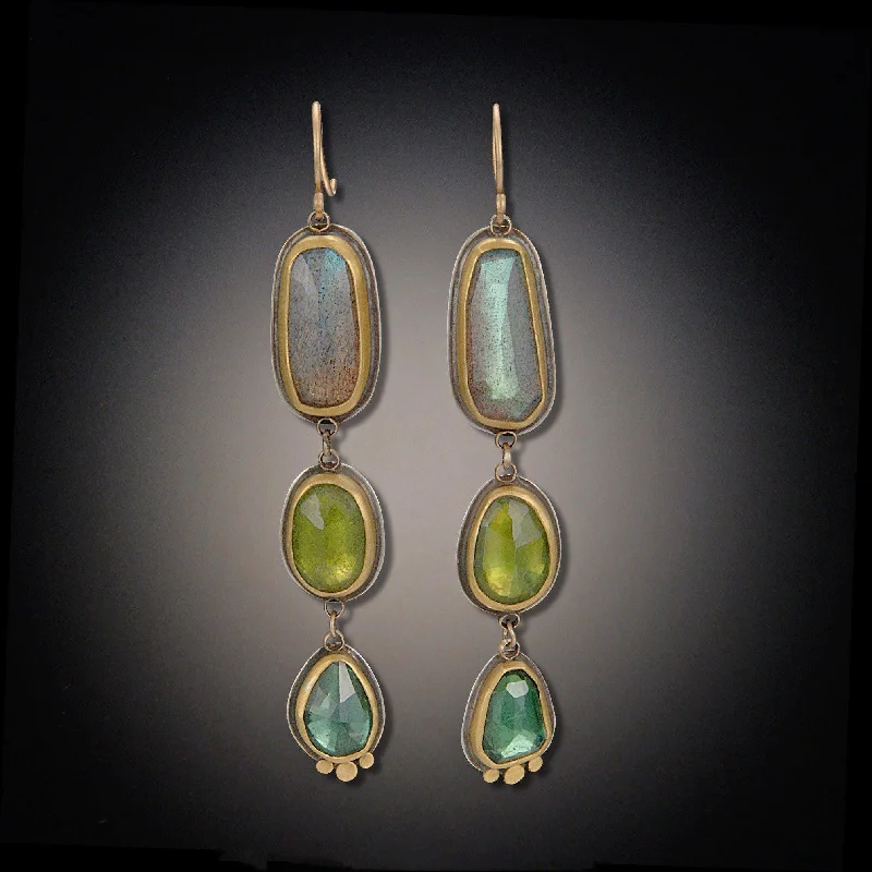 Rose Cut Labradorite, Vesuvianite and Green Tourmaline Earrings