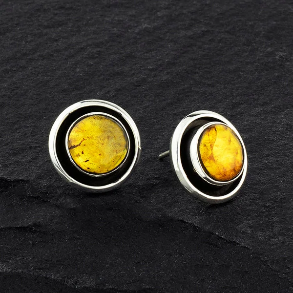 Large Round Sterling Silver Amber Stud Earrings