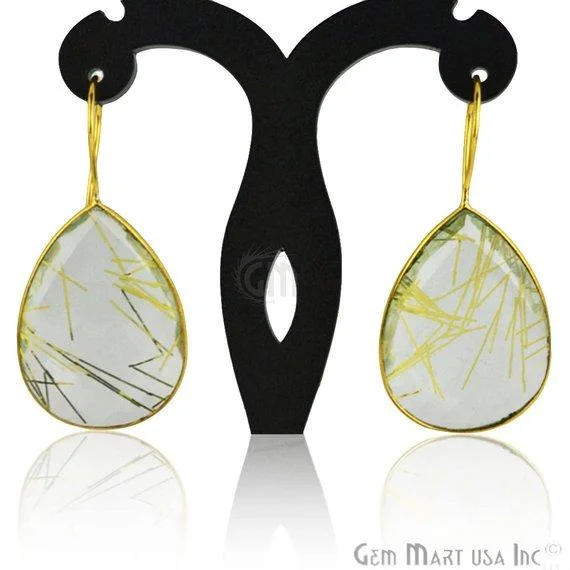 Rutilated Gold Plated 22x47mm Pears Shape Gemstone Dangle Hook Earring (RGER-90048)