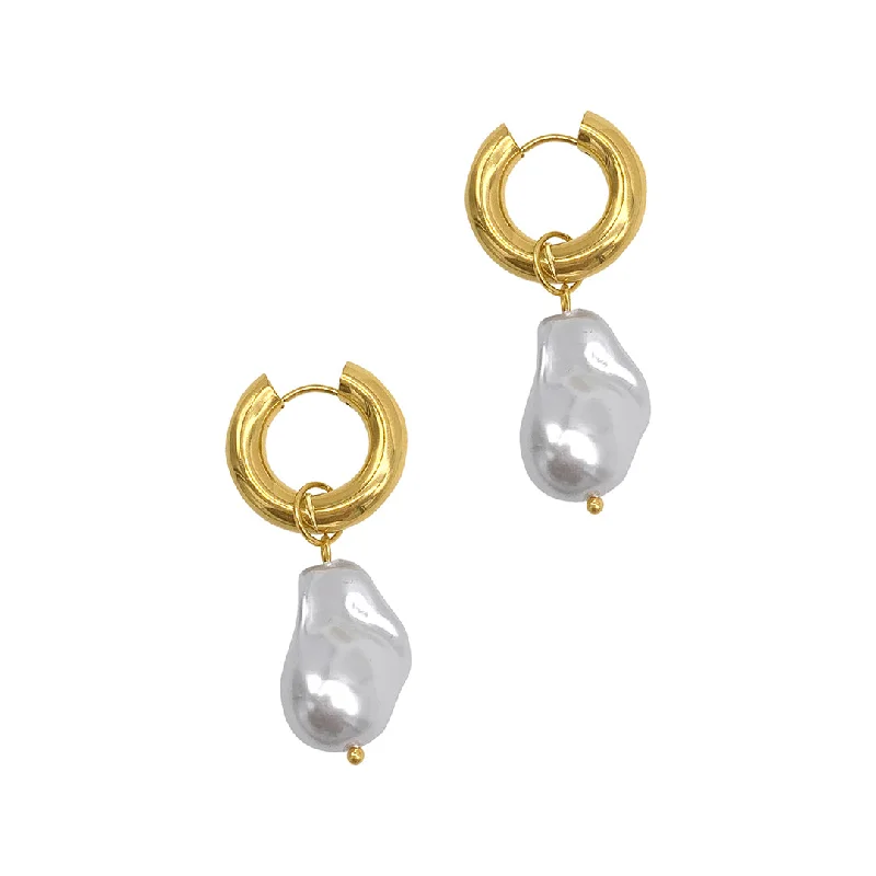 Tarnish Resistant 14k Gold Plated Shell Pearl Chubby Hoop Earrings