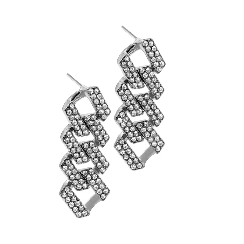 Rhodium Plated Edgy Cuban Chain Crystal Drop Earrings