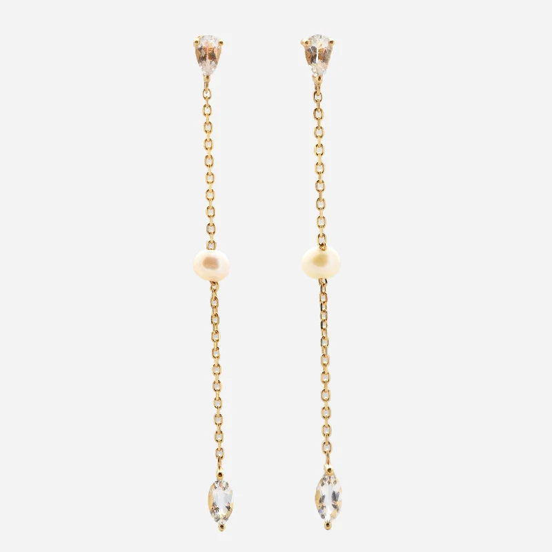 Solid Gold Pearl and White Topaz Drop Earrings