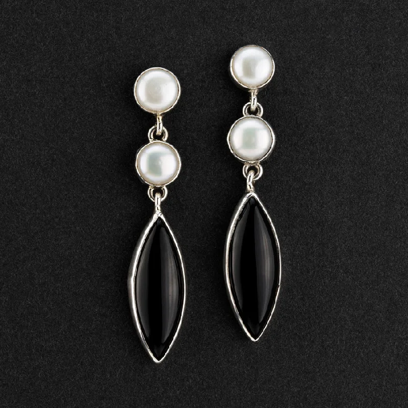 Long Pearl and Black Onyx Post Dangle Earrings