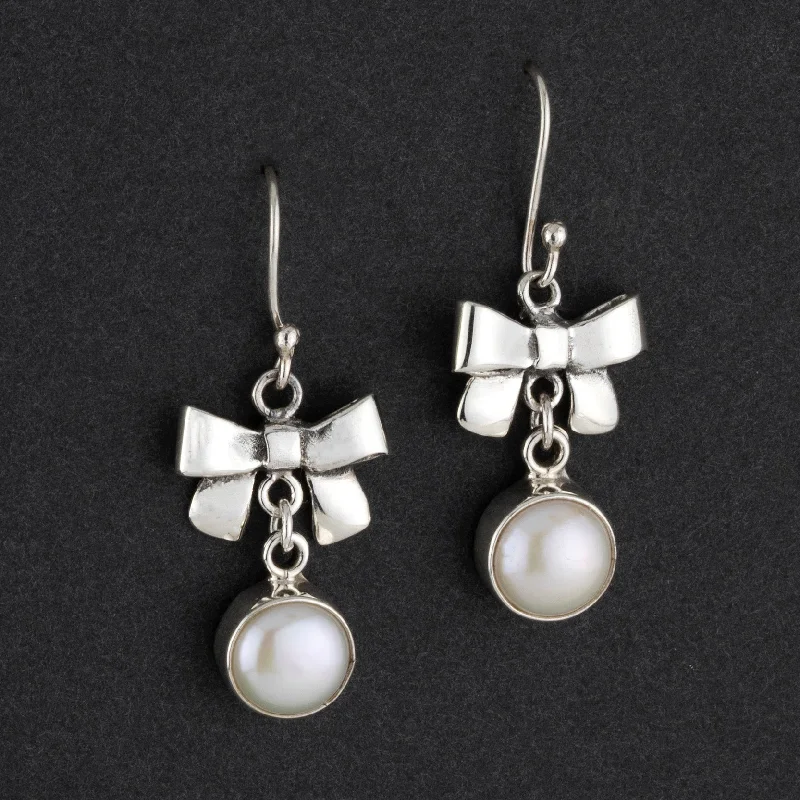 Sterling Silver and Pearl Bow Dangle Earrings