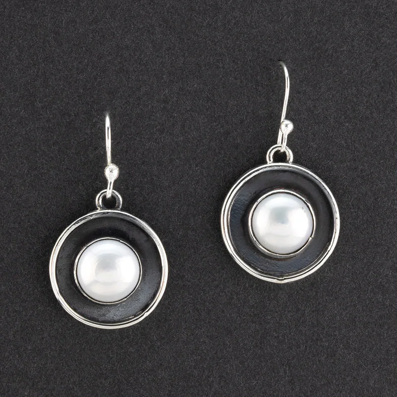 Oxidized Silver and Pearl Circle Drop Earrings