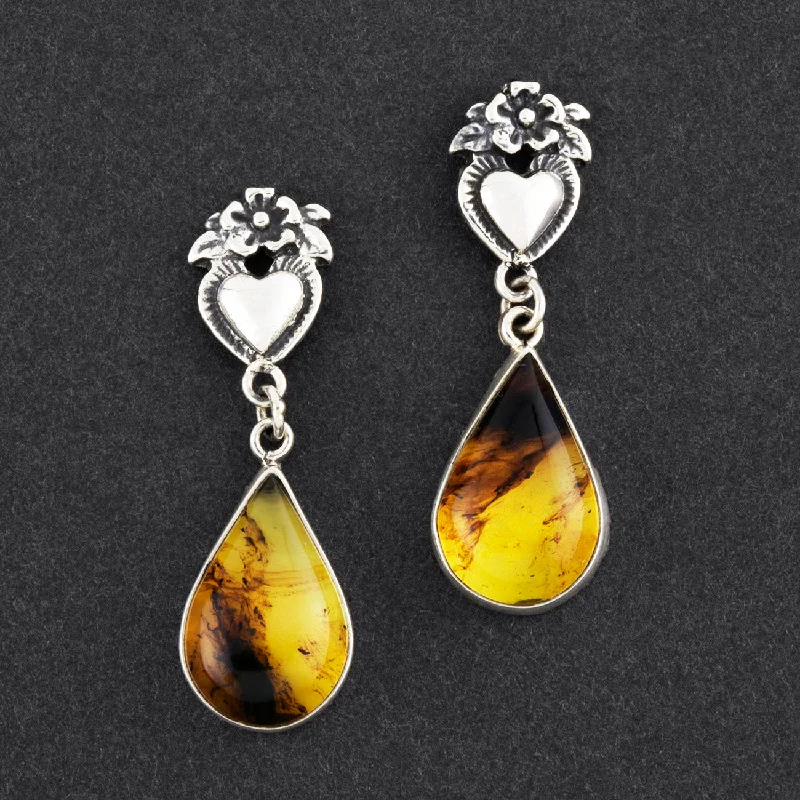 Mexican Silver and Amber Heart Drop Earrings