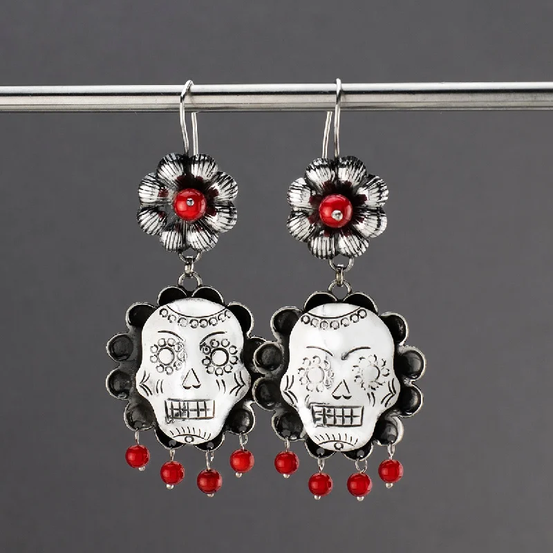 Sugar Skull Coral Dangle Earrings