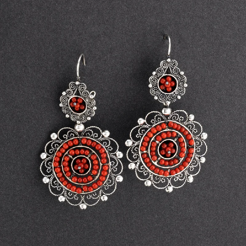 Mexican Silver and Red Coral Filigree Earrings