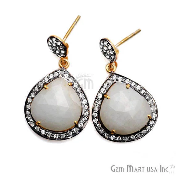 White Sapphire With Cubic Zirconia Pave Diamond 35x20mm,Gold Vermeil Dangle Drop Stud Earring