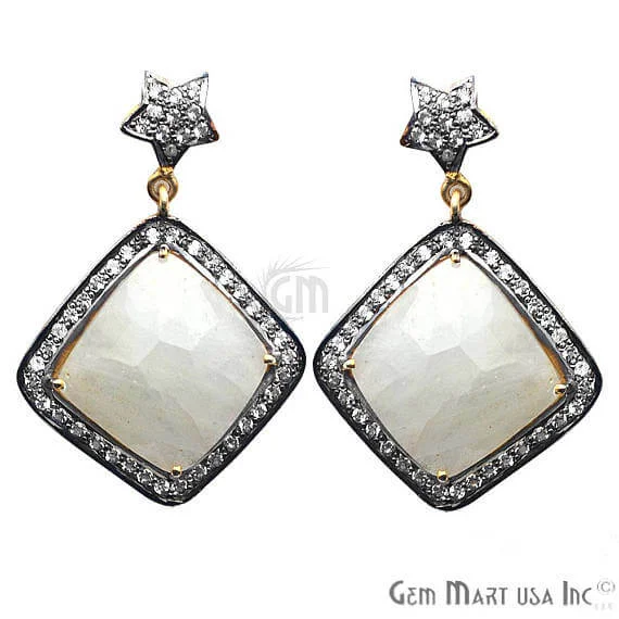 White Sapphire With Cubic Zirconia Pave Diamond 38x25mm,Gold Vermeil Dangle Drop Stud Earring