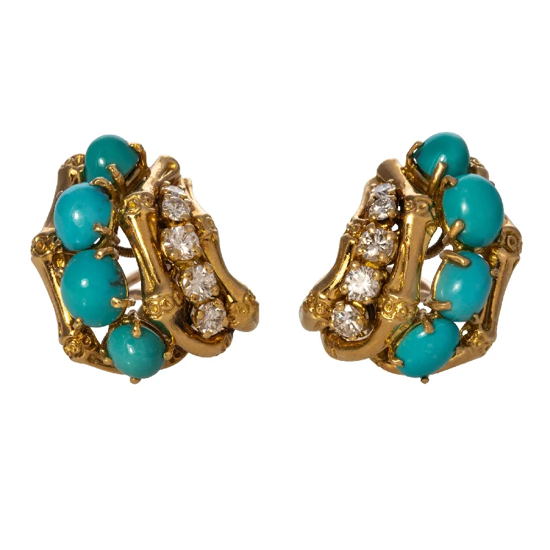 Estate Turquoise & Diamond 18K Gold Bamboo Clip On Earrings