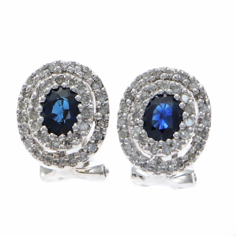 1.16CTW Sapphire Diamond Double Halo Clip Earrings 14k White Gold J-K/SI1-SI2