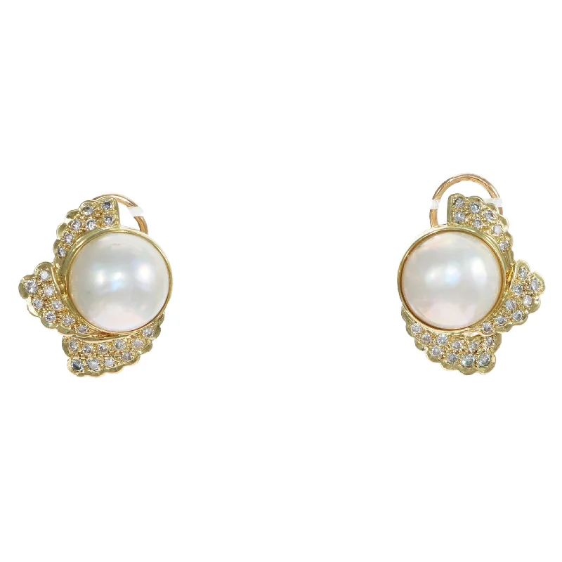 12mm Mabe Pearl 0.50ctw Diamond Cocktail Clip Earrings 14k Yellow Gold 9.8g