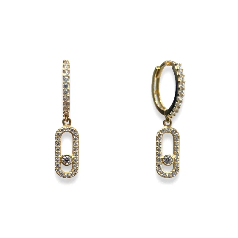 14K Yellow Gold CZ Huggie Earring with Dangling CZ Paperclip With Center CZ Stone