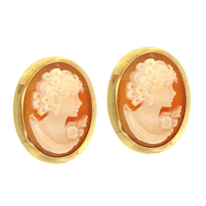 14k Yellow Gold Gibson Girl Carnelean Shell Cameo Victorian Clip On Earrrings